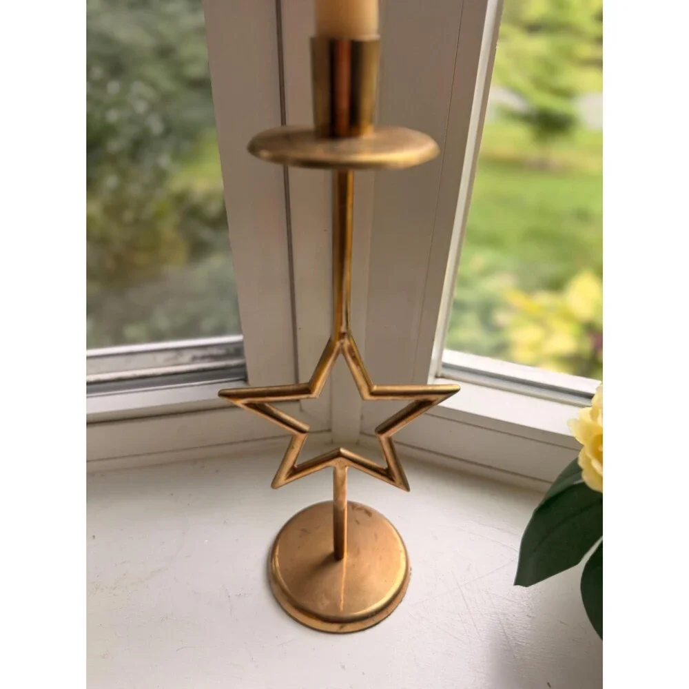 Vintage Brass Star Candlestick Holder, Mid Century Modern Taper Candle Holder, M